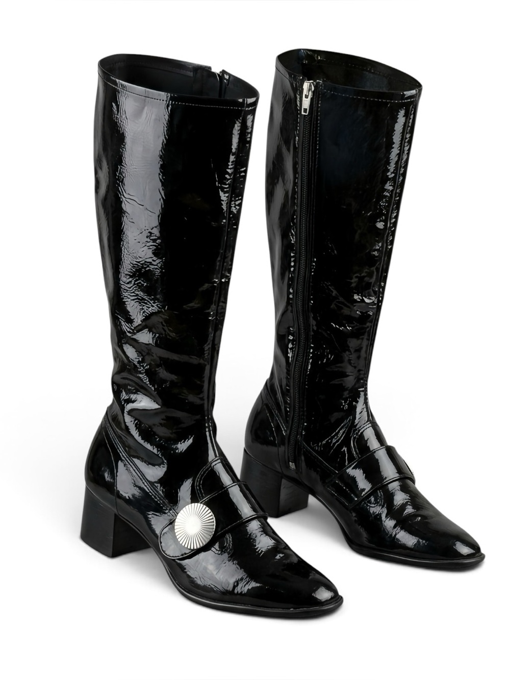Vintage 1970s Black Patent Go-Go Boots - Size 9